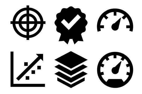 Model Accuracy Icons. Model Accuracy silhouette icon set: target icon, checkmark badge, accuracy gauge, precision chart, AI model layers, performance meter.