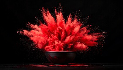 A cloud of vibrant red powder explodes outwards from a dark bowl against a stark black backdrop. High-speed capture
