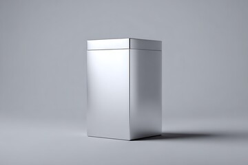 3D render of a blank silver packaging mockup placed on a smooth grey background in a minimalistic composition. 
