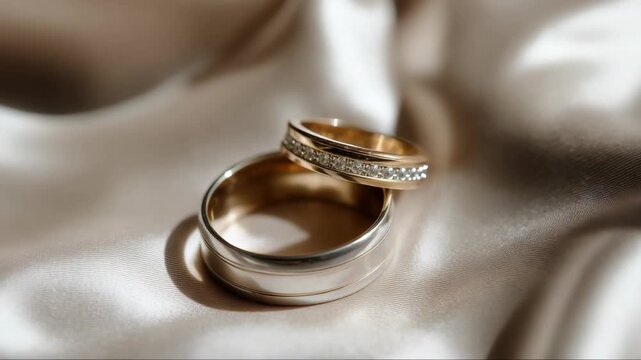 Beautiful wedding rings resting on a silky fabric, representing love and commitment in a timeless setting