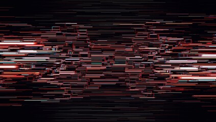 Abstract digital data stream with a vibrant glitch effect creating a modern technological background, featuring fragmented pixels depicting information corruption or a cybernetic error