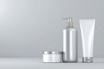 3D render of a blank silver packaging mockup placed on a smooth grey background in a minimalistic composition. 