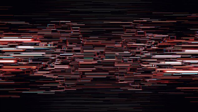 Abstract digital data stream with a vibrant glitch effect creating a modern technological background, featuring fragmented pixels depicting information corruption or a cybernetic error
