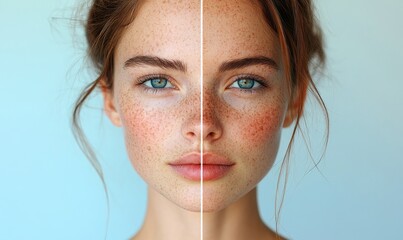 Portrait of a woman with freckles illustrating skincar, Generative AI