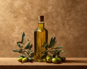 Olive oil bottle with fresh green leaves and olives on table against beige background in professional studio lighting commercial product photography concept for healthy lifestyle organic food 