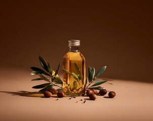 Olive oil bottle with fresh green leaves and olives on table against beige background in professional studio lighting commercial product photography concept for healthy lifestyle organic food 