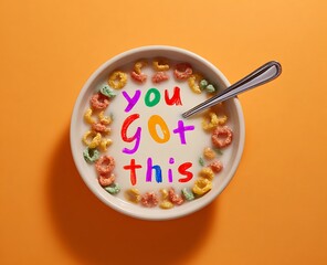 Bowl of milk with colorful cereal arranged to spell &ldquo;you can do this&rdquo; in multicolored fruit loops, top view, minimalist style