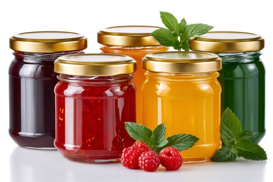 Jars of homemade fruit jam and jelly with raspberries mint