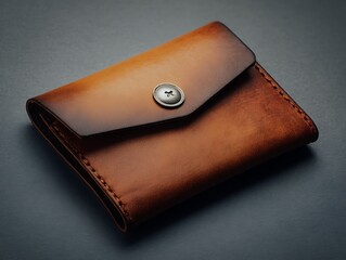 Brown leather wallet with metal button on gray background minimal luxury accessory design concept