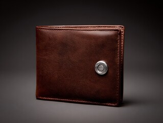 Brown leather wallet with metal button on gray background minimal luxury accessory design concept