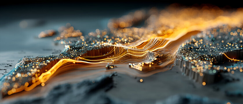 Abstract Digital Map with Glowing Connections and Data Flow