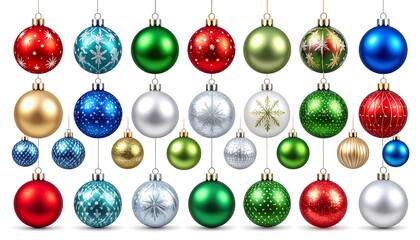 A collection of various colorful, shiny, and decorative spherical ornaments, each hanging by a metallic loop