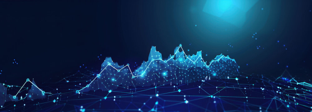 Digital Data Landscape: A vibrant data visualization against a backdrop of glowing digital landscape, illustrating the power of data analysis and its role in revealing insights.
