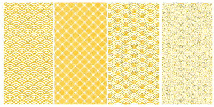 Four seamless yellow and white abstract geometric patterns with traditional japanese wave and circle motifs