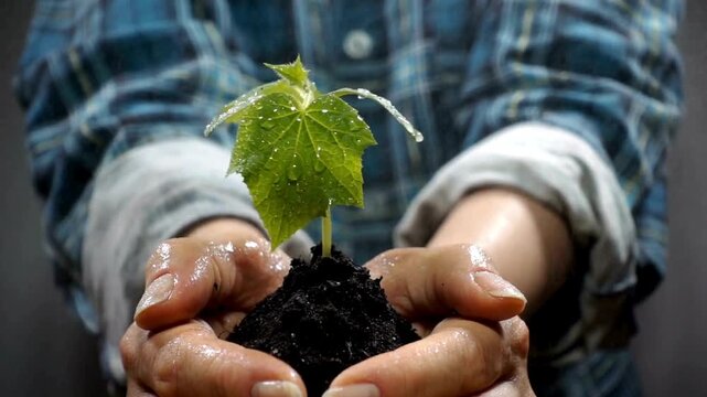 closeup hand of person holding abundance soil with young plant in hand for agriculture or planting plant, nature concept. hands holding young plant. Ecology concept.