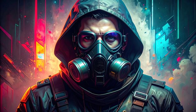 A man with a gas mask stares intensely, hooded against a vibrant, abstract background of neon hues. Futuristic theme