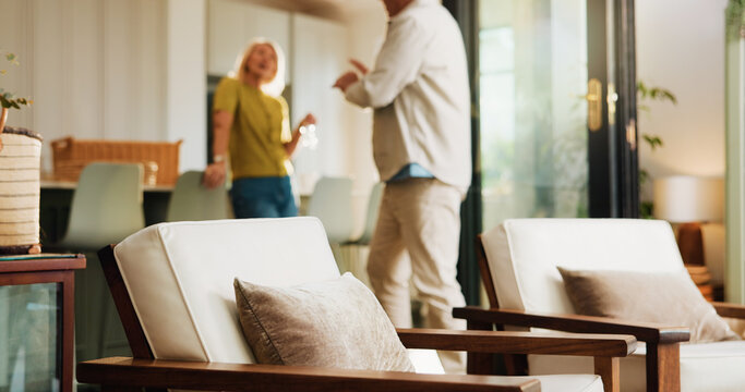 Sofa, conflict and senior couple with argument in home for marriage separation, dispute and divorce. Fight, old people and disagreement in living room for toxic relationship and cheating accusation - Powered by Adobe