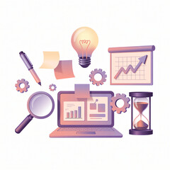 Business and finance concept with lightbulb, documents, hourglass, magnifier, laptop and gears on white background 113 characters