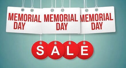 Memorial day sale banner with hanging tags and red sale labels