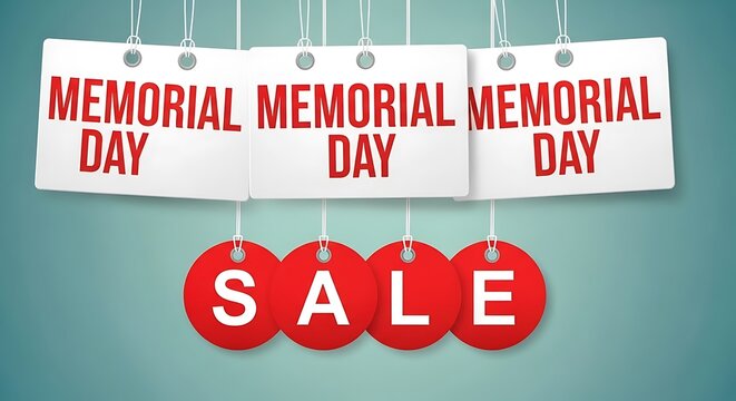 Memorial day sale banner with hanging tags and red sale labels