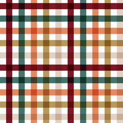 Seamless autumn plaid pattern in rich fall colors including maroon, teal, orange, and tan on a white background. Ideal for fabric design, digital paper, backgrounds, and seasonal projects.