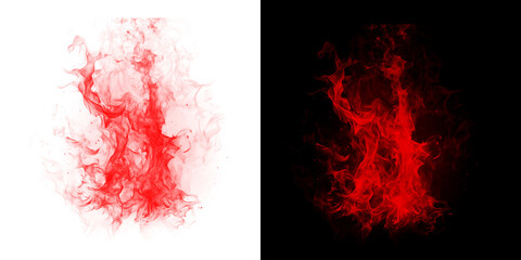 Fiery red smoke effect isolated on transparent background and black background