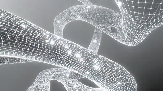 Digital data network connecting abstract twisted wireframes with glowing points