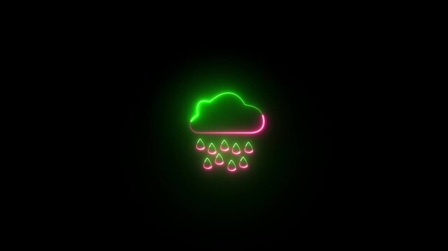 Glowing neon line cloud and raindrops animation on black background.