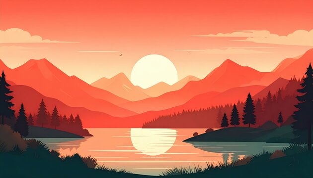 A vibrant sunset casts warm hues over a serene mountain lake surrounded by lush pine forests.