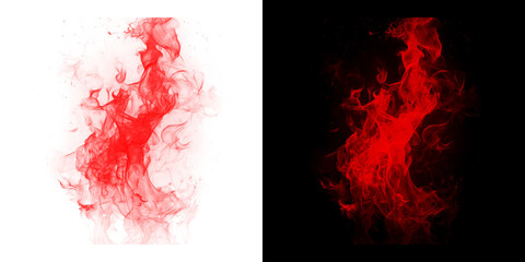 Red fiery flames effect isolated on transparent background and black background contrast