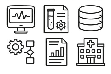 Clinical Software Icons. Clinical Software outline icons: computer monitor, lab results, database icon, workflow gear, report document, hospital building.