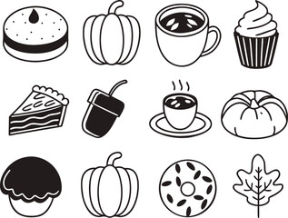 Autumn harvest doodle line art icons set, fall foods and nature.
