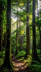 Obraz premium A serene forest scene featuring tall trees, a path, and dappled sunlight filtering through the canopy. The vibrant green evokes tranquility