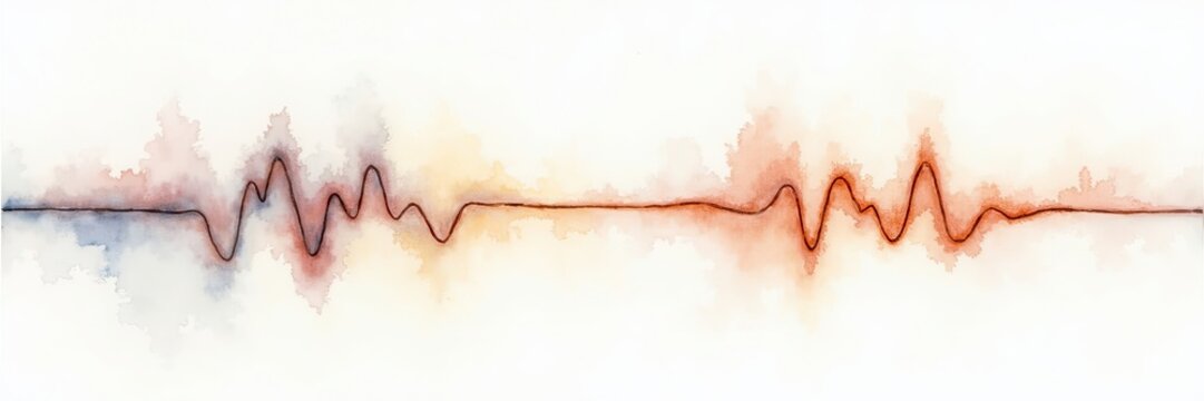 Illustrative watercolor representation featuring a meandering, fluctuating line that embodies sound waves or a similar rhythmic pattern, presented against a backdrop of soft, blending hues,...