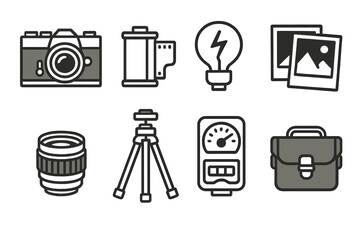 Vintage Camera Gear Icons. Vintage Photography Set linear icon set: film camera, roll of film, flashbulb, photo prints, lens, tripod, light meter, camera bag.