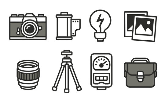 Vintage Camera Gear Icons. Vintage Photography Set linear icon set: film camera, roll of film, flashbulb, photo prints, lens, tripod, light meter, camera bag.