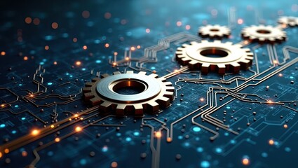 Mechanical gears are arranged on a circuit board, a digital representation showcasing technology and innovation, with a futuristic aesthetic and blue and gold color palette, creating a visually...