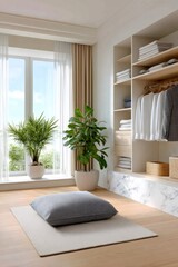 Fototapeta premium Bright minimalist dressing room with plant and built-in closet