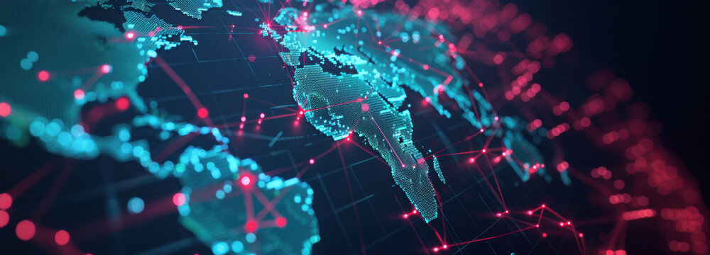 Global Network Visualization: An intricate visual representation of interconnected global data streams, highlighting the dynamic flow of information and technological advancements across continents.