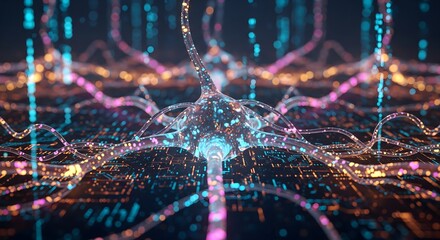 Microscopic digital landscape showing interconnected neural pathways in glowing blue and orange hues, symbolizing artificial intelligence and data transmission.