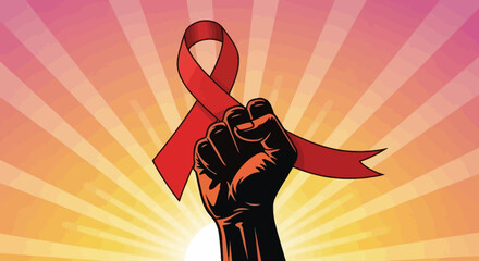 Hand holding red ribbon representing AIDS awareness and support.