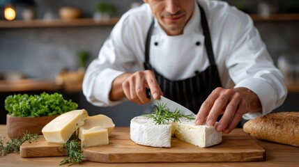 Chef slicing brie cheese with rosemary in kitchen
