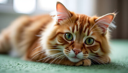 Ginger Cat's Gentle Gaze: A close-up view of a ginger cat's relaxed posture and captivating green eyes, set against a blurred background.