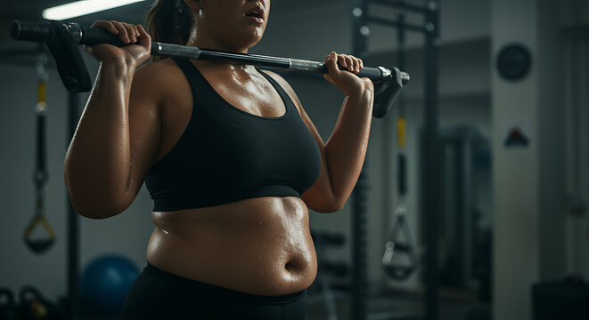 A determined and sweaty woman focuses on her powerful weightlifting workout in a gym, showcasing her strength, dedication, and journey towards fitness and body positivity