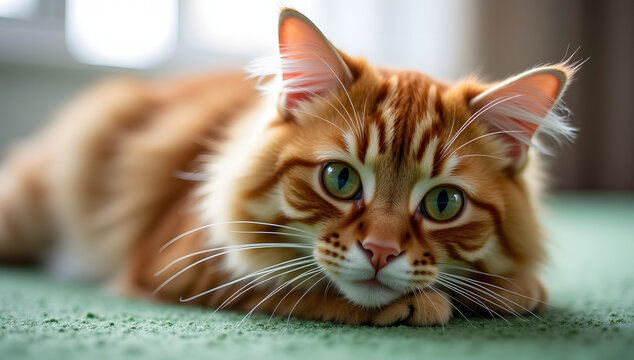 Ginger Cat's Gentle Gaze: A close-up view of a ginger cat's relaxed posture and captivating green eyes, set against a blurred background.