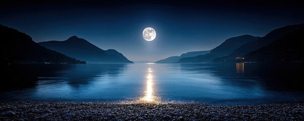 Moonlight over calm water surface at night concept. A serene moonlit landscape reflecting on calm waters.