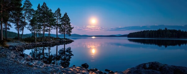 Moonlight over calm water surface at night concept. Serene lake view under a full moon, surrounded by tranquil trees.