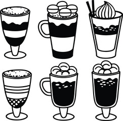 Monochrome vector illustrations of various layered beverages
