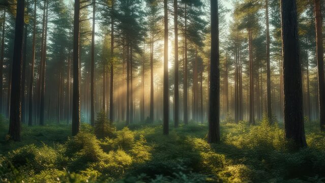 Sunbeams pierce a misty pine forest