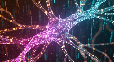 Detailed 3D rendering of neural connections in glowing pink and blue tones, symbolizing artificial intelligence and biological networks.